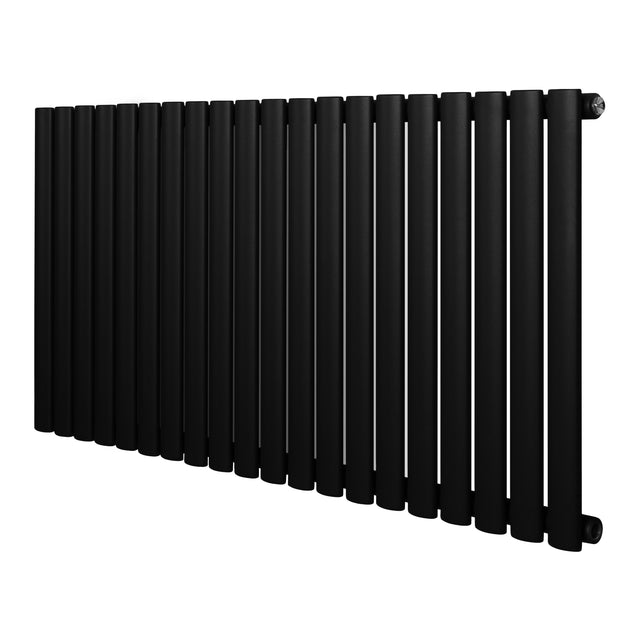 Radiador de coluna simples oval preto, com 600 mm de altura e 1200 mm de largura, apresentando acabamento liso e moderno
