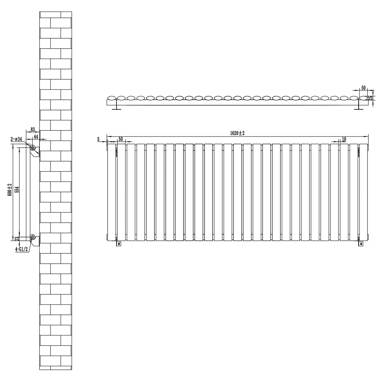Radiador de coluna simples oval preto, medindo 600 mm x 1620 mm, com design elegante e linhas retas, ideal para aquecimento eficiente