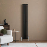 Radiador de coluna simples oval preto, com design elegante e moderno, instalado em parede clara, complementando a decoração minimalista
