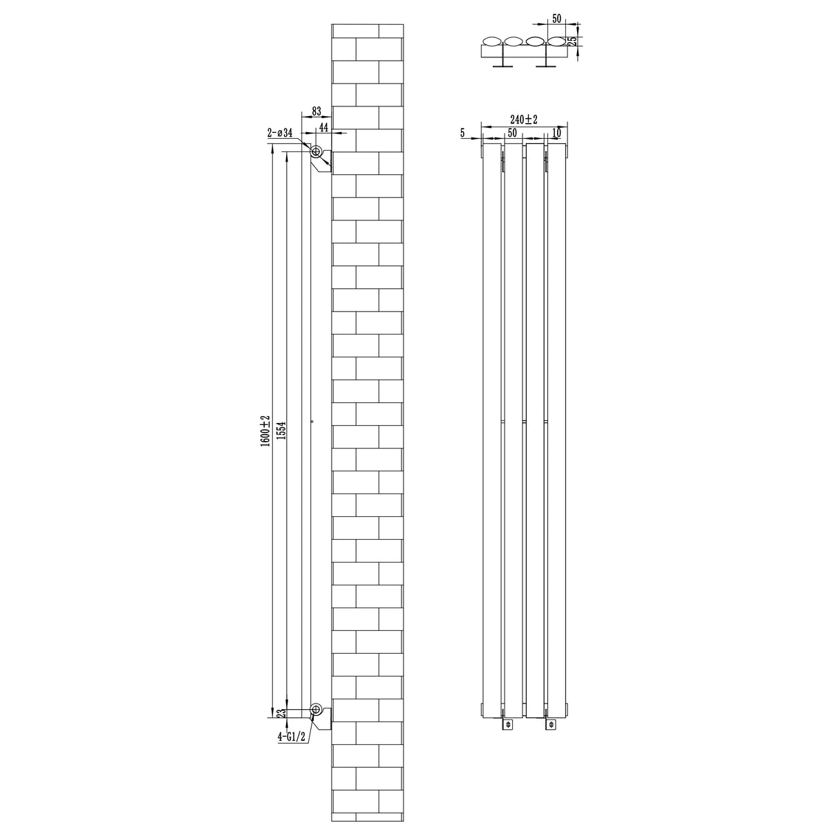Radiador de coluna simples oval preto, medindo 1600 mm x 240 mm, com design elegante e acabamento liso, ideal para aquecimento eficiente