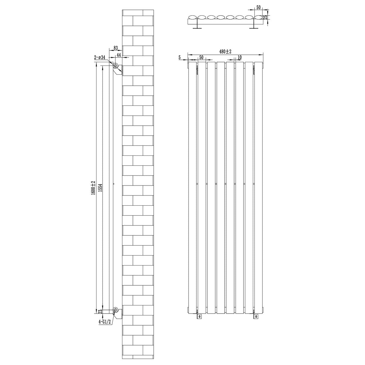 Radiador de coluna simples oval cinza antracite, medindo 1600 mm x 480 mm, com design elegante e linhas retas, ideal para aquecimento moderno