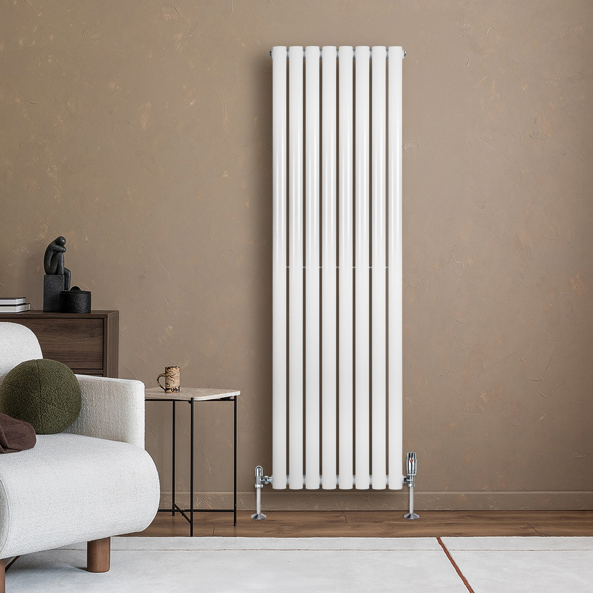 Radiador de coluna simples oval branco, 1600 mm x 480 mm, com acabamento liso e moderno, ideal para aquecer ambientes elegantes