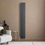 Radiador de coluna simples oval cinza antracite, com design elegante e moderno, instalado em parede de tom neutro, próximo a móveis minimalistas