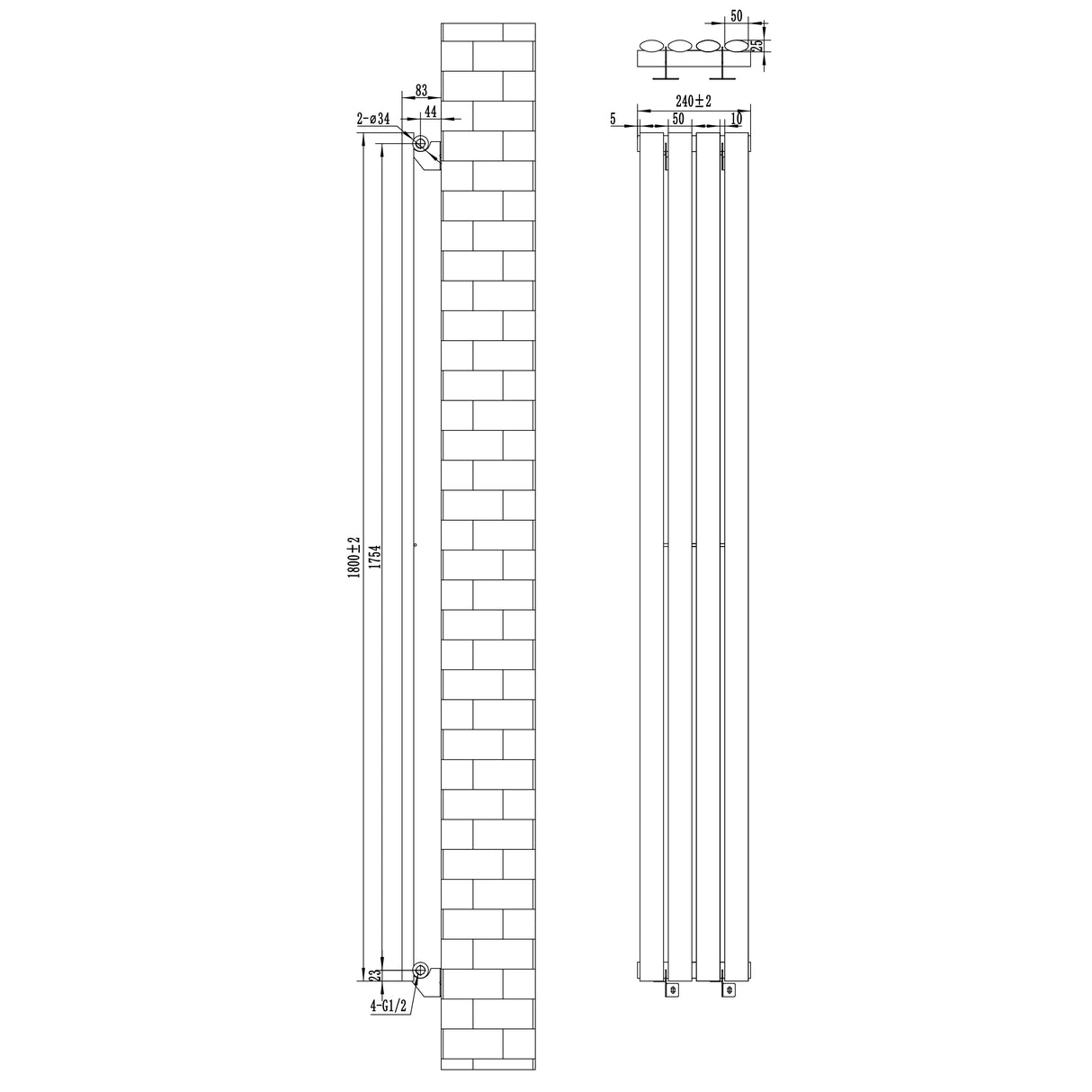 Radiador de coluna simples oval cinza antracite, medindo 1800 mm x 240 mm, com design elegante e linhas retas, ideal para aquecimento eficiente