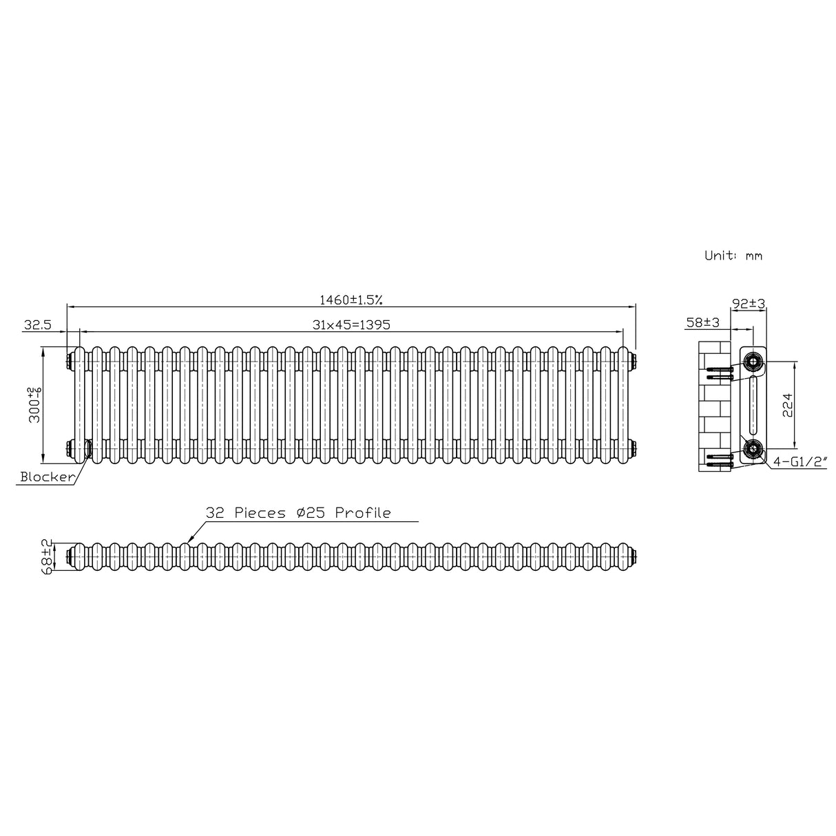 Radiador Tradicional de 2 Colunas - 300 x 1460mm - Metal Cru