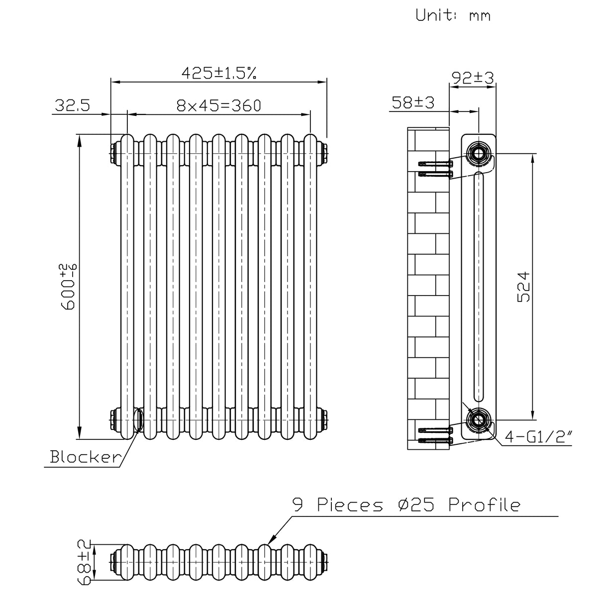 Radiador Tradicional de 2 Colunas - 600 x 425mm - Metal Cru