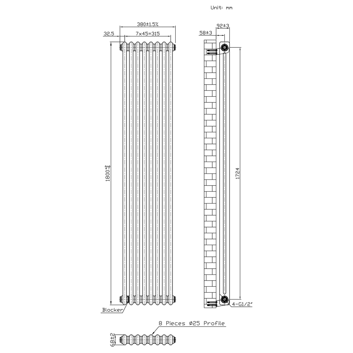 Radiador Tradicional de 2 Colunas - 1800 x 380mm - Metal Cru