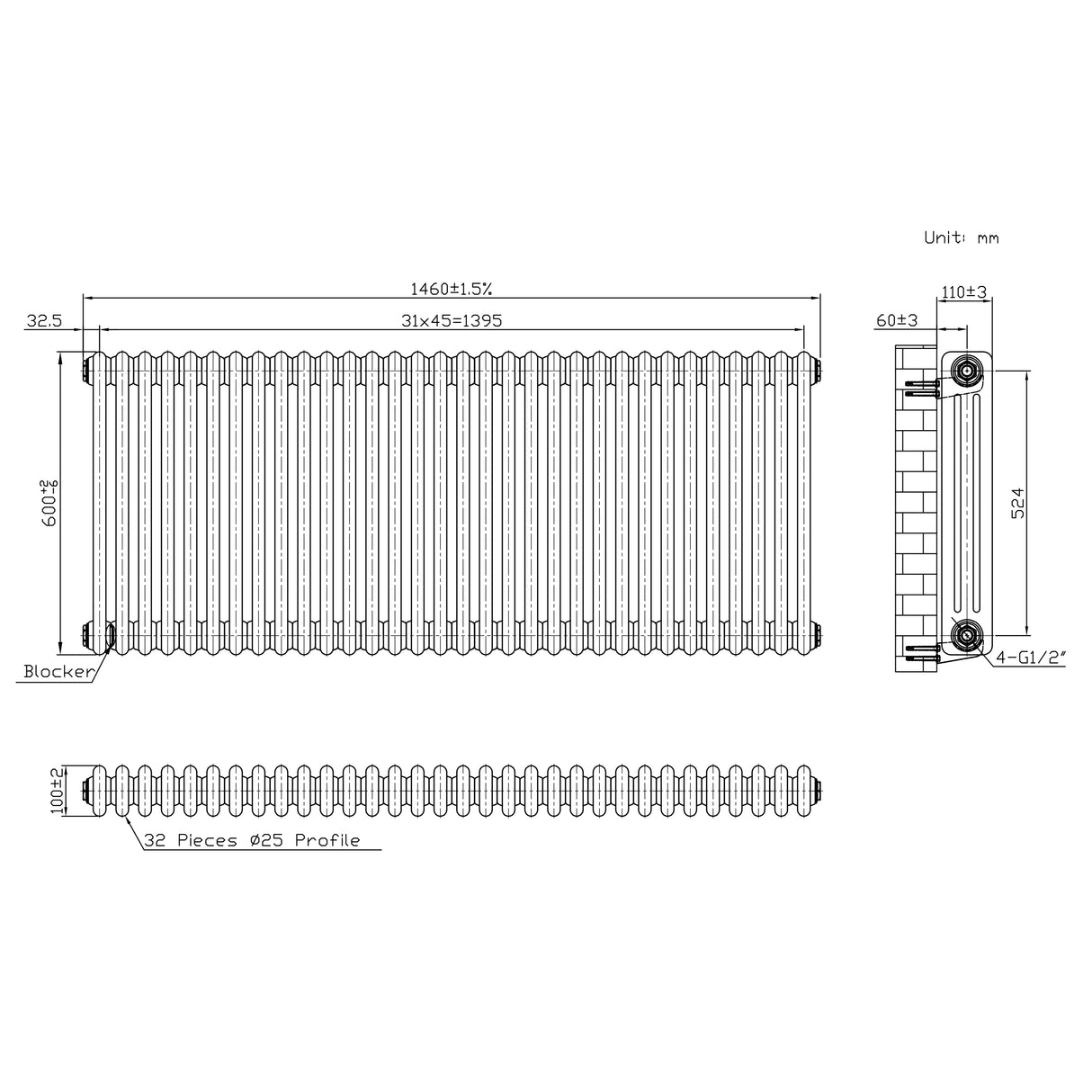 Radiador Tradicional de 3 Colunas - 600 x 1460mm - Metal Cru