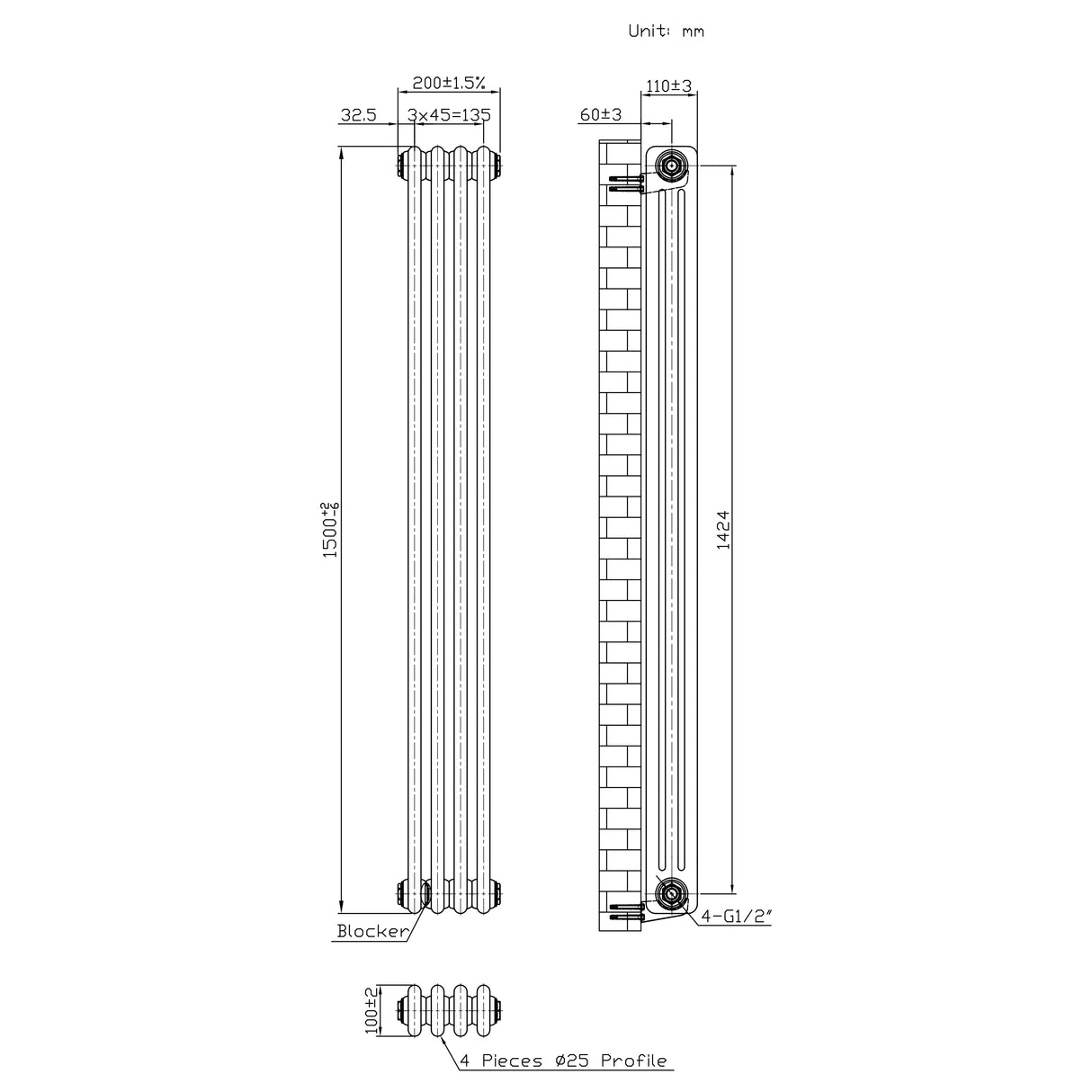 Radiador Tradicional de 3 Colunas - 1500 x 200mm - Metal Cru