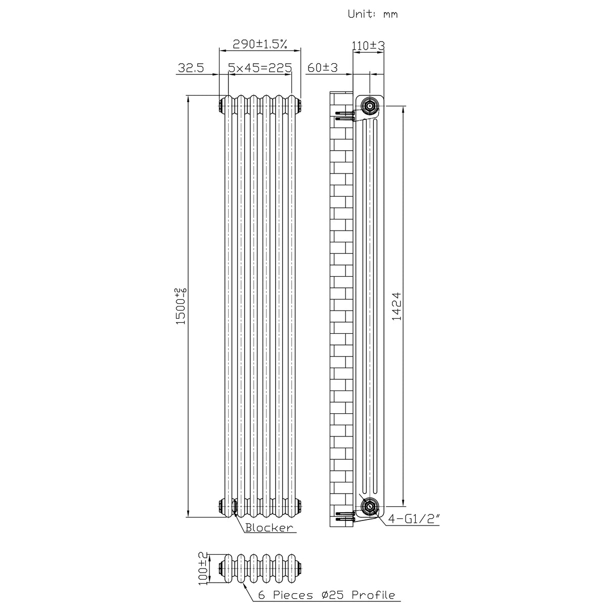 Radiador Tradicional de 3 Colunas - 1500 x 290mm - Metal Cru