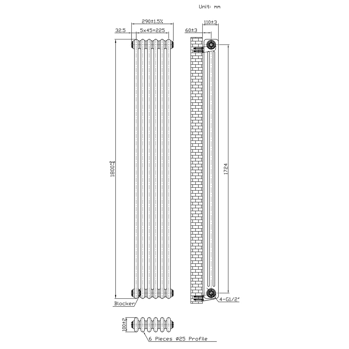 Radiador Tradicional de 3 Colunas - 1800 x 290mm - Metal Cru