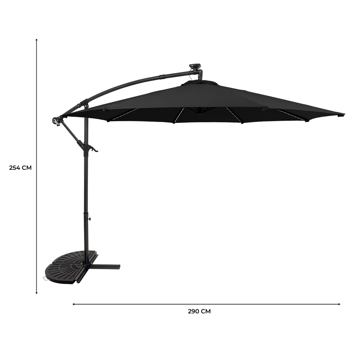 Guarda-Sol Suspenso LED 3 m com Base Tipo Leque – Preto
