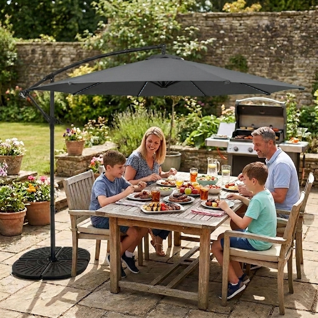 Guarda-Sol Suspenso LED 3 m com Base Tipo Leque Completa – Cinzento