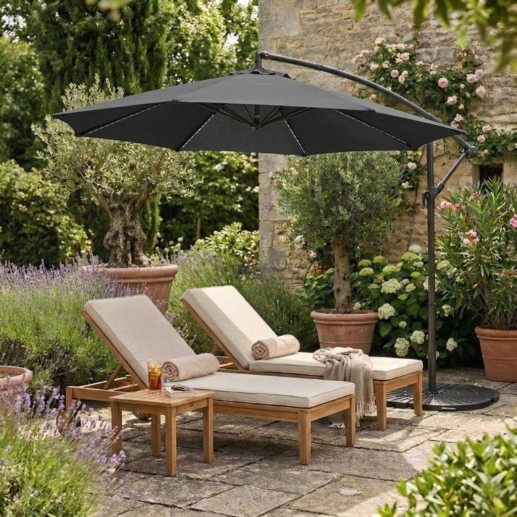 Guarda-Sol Suspenso LED 3 m com Base Tipo Leque Completa – Cinzento