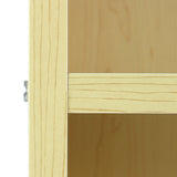 Balcão e expositor de varejo em madeira maple clara, com acabamento liso, prateleiras amplas e design moderno, ideal para lojas