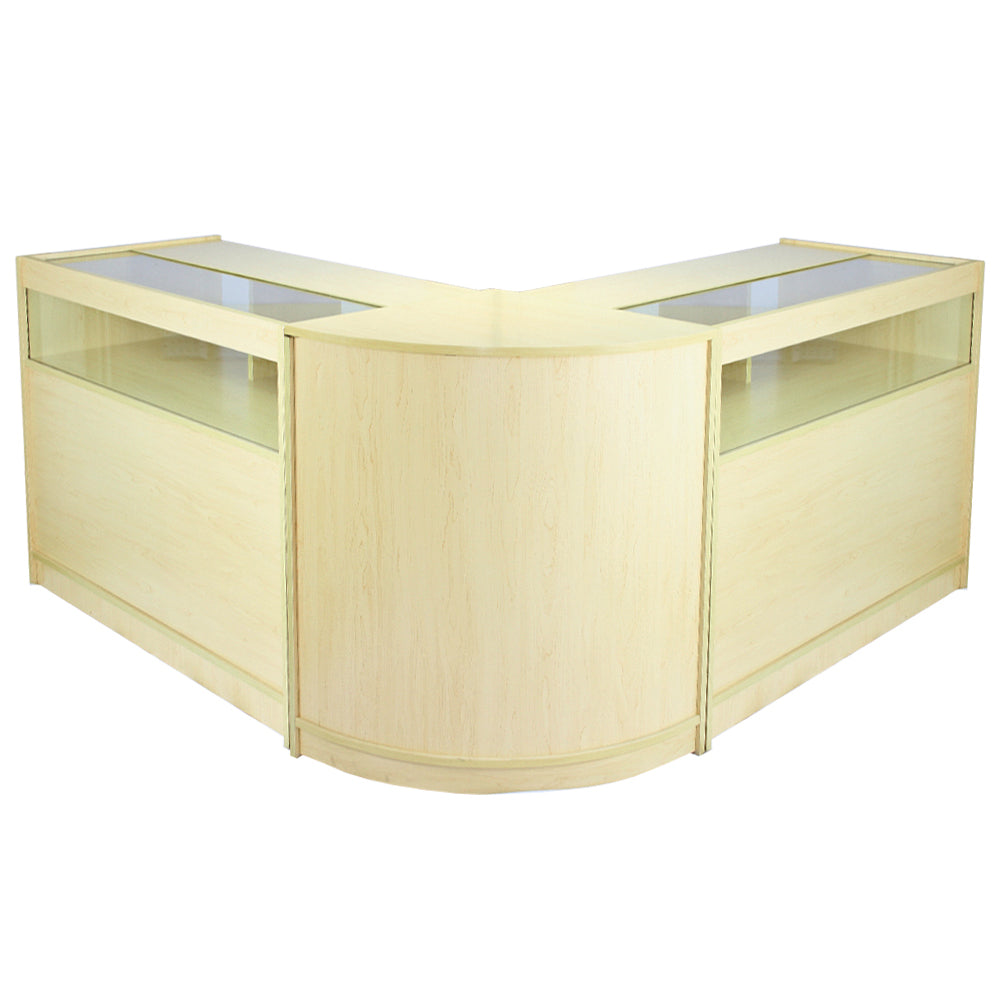 Conjunto de balcão e expositor de varejo Fusion Maple em tom claro, com acabamento liso e superfícies de vidro transparente para exibição