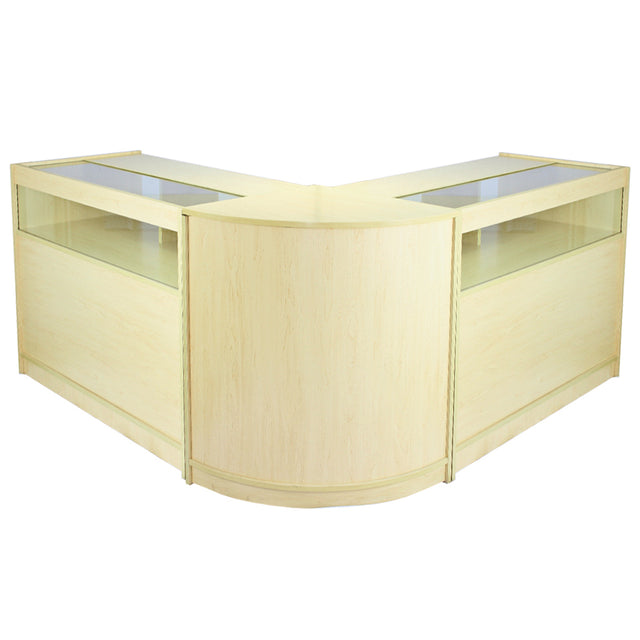 Conjunto de balcão e expositor de varejo Fusion Maple em tom claro, com acabamento liso e superfícies de vidro transparente para exibição