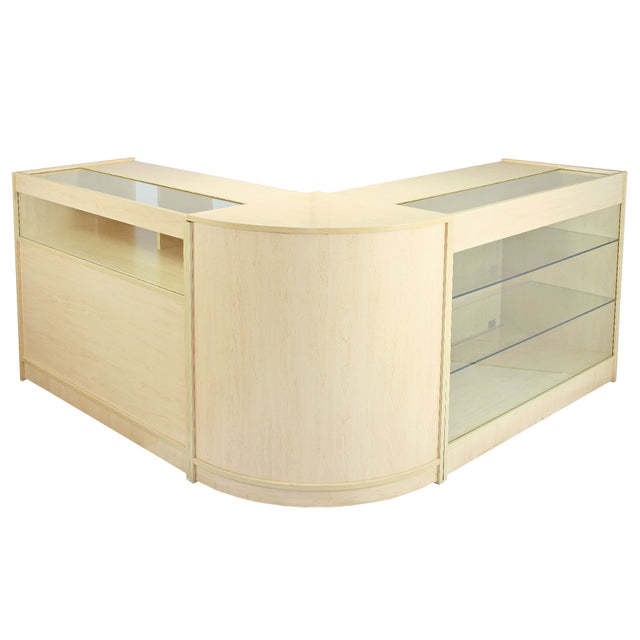 Conjunto de balcão e expositor de varejo em madeira clara, com acabamento em maple e prateleiras de vidro transparente, design moderno e funcional