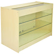 Expositor comercial K1200 em madeira clara com prateleiras de vidro, ideal para exibir produtos de forma elegante e organizada
