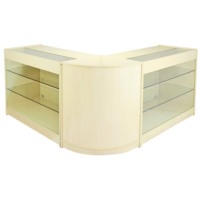 Conjunto de balcão e expositor de varejo Horizon Maple em madeira clara, com prateleiras de vidro e design em formato de L