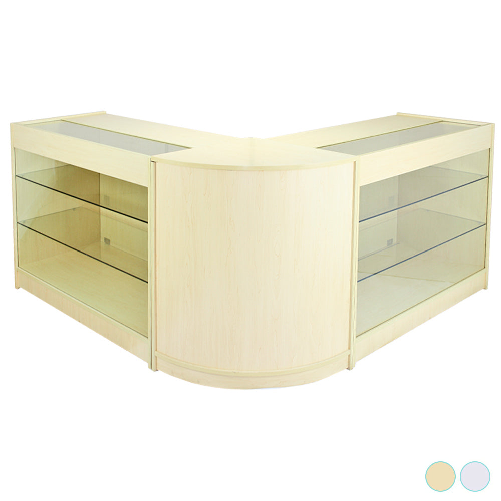Conjunto de balcão e expositor de varejo Horizon Maple em madeira clara, com prateleiras de vidro e design moderno em formato de L