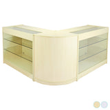 Conjunto de balcão e expositor de varejo Horizon Maple em madeira clara, com prateleiras de vidro e design moderno em formato de L