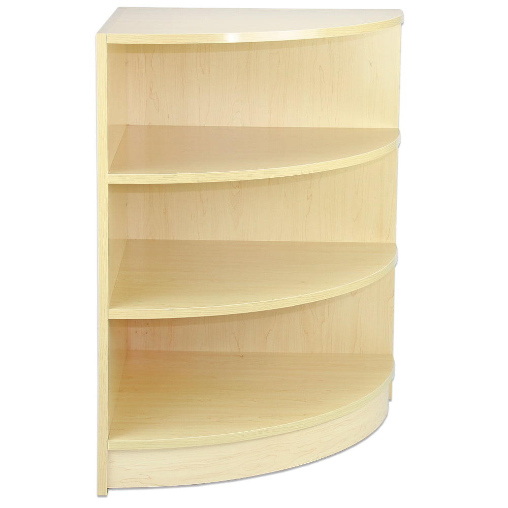 Balcão e expositor de varejo Pulsar Maple em tom claro, com prateleiras curvas e acabamento em madeira texturizada, ideal para organização