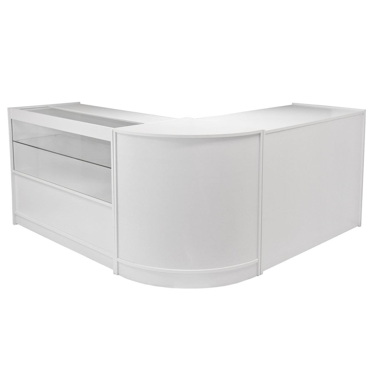 Balcão de atendimento Draco A1200, C1200, CM60 em branco brilhante, com design moderno e acabamento liso, ideal para lojas