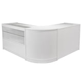Balcão de atendimento Draco A1200, C1200, CM60 em branco brilhante, com design moderno e acabamento liso, ideal para lojas