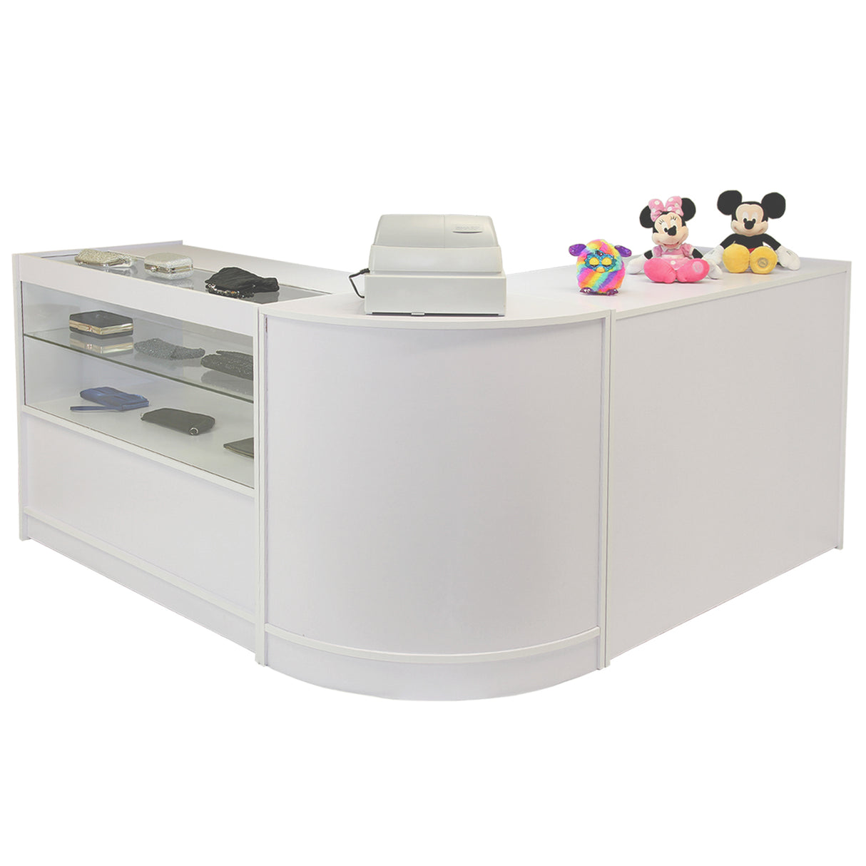 Balcão de atendimento Draco A1200 em branco brilhante, com prateleiras de vidro e brinquedos decorativos de Mickey e Minnie