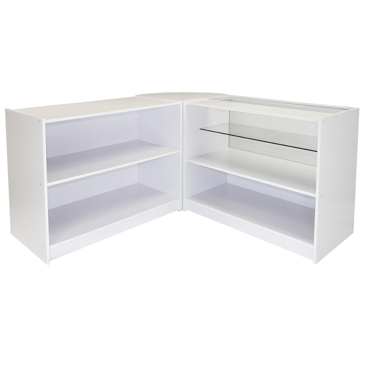 Móvel de canto branco brilhante com prateleiras abertas e uma prateleira de vidro, ideal para organização e exibição de produtos
