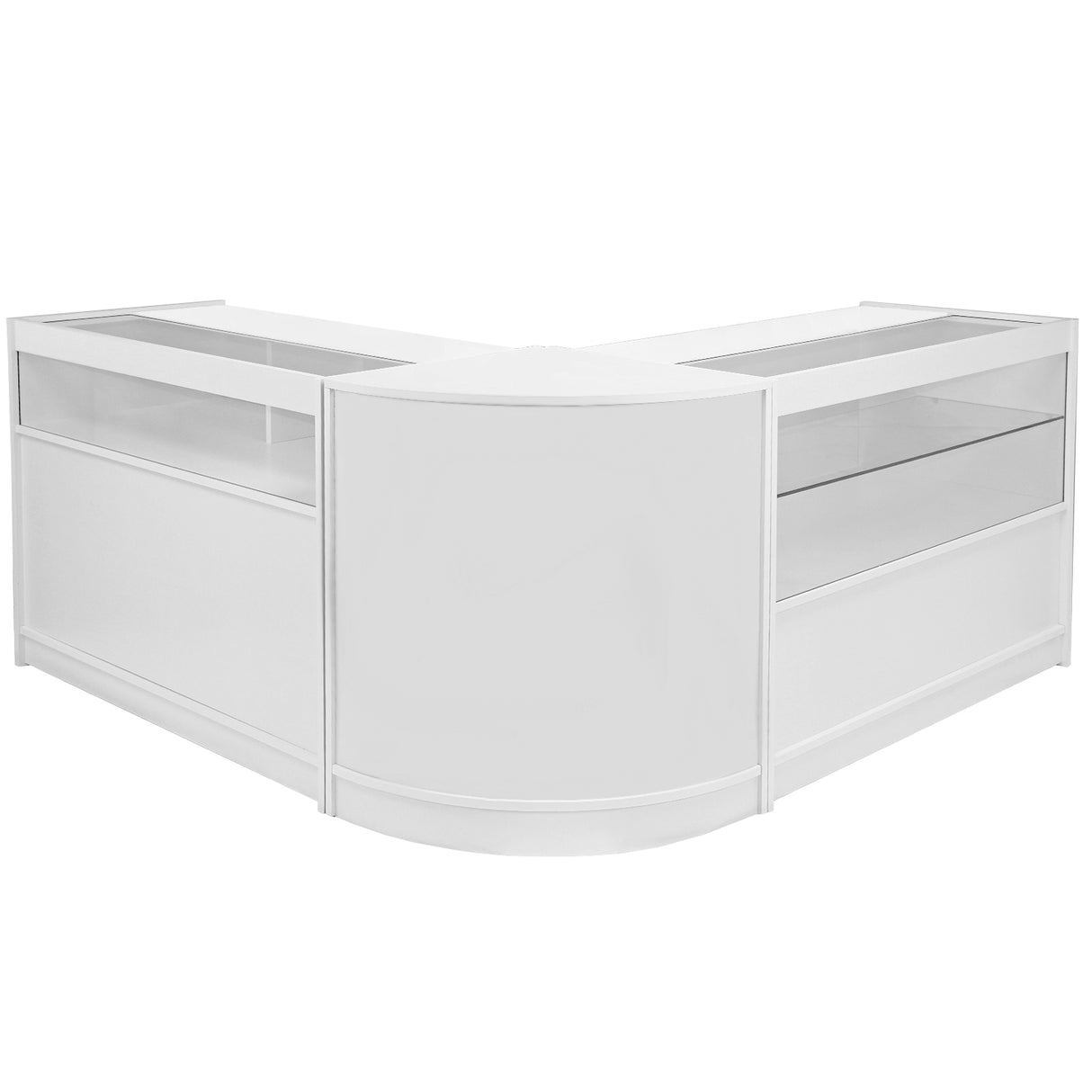 Balcão em formato de L, acabamento branco brilhante, com prateleiras de vidro e design moderno, ideal para exibição de produtos