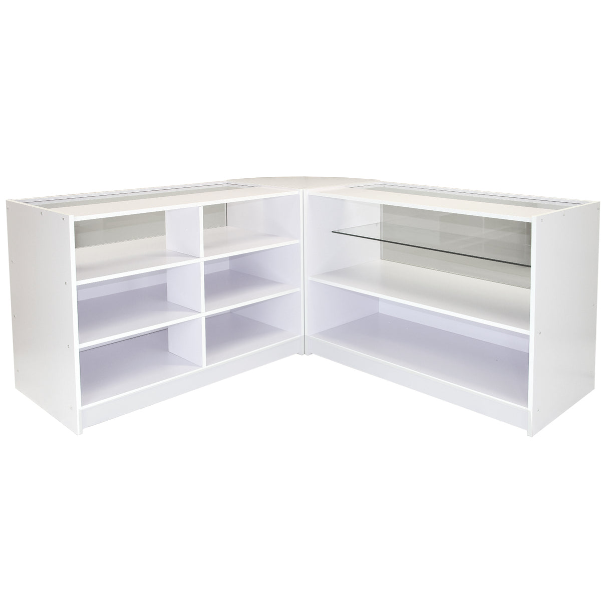 Móvel de canto branco brilhante com prateleiras abertas e vidro, ideal para exibição e organização em ambientes modernos