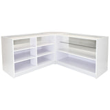 Móvel de canto branco brilhante com prateleiras abertas e vidro, ideal para exibição e organização em ambientes modernos