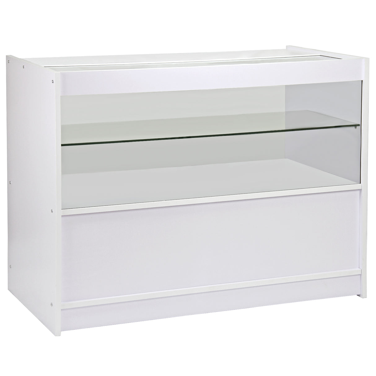 Mostrador expositivo em branco brilhante, com estrutura de vidro e prateleira interna, ideal para exibir produtos com elegância