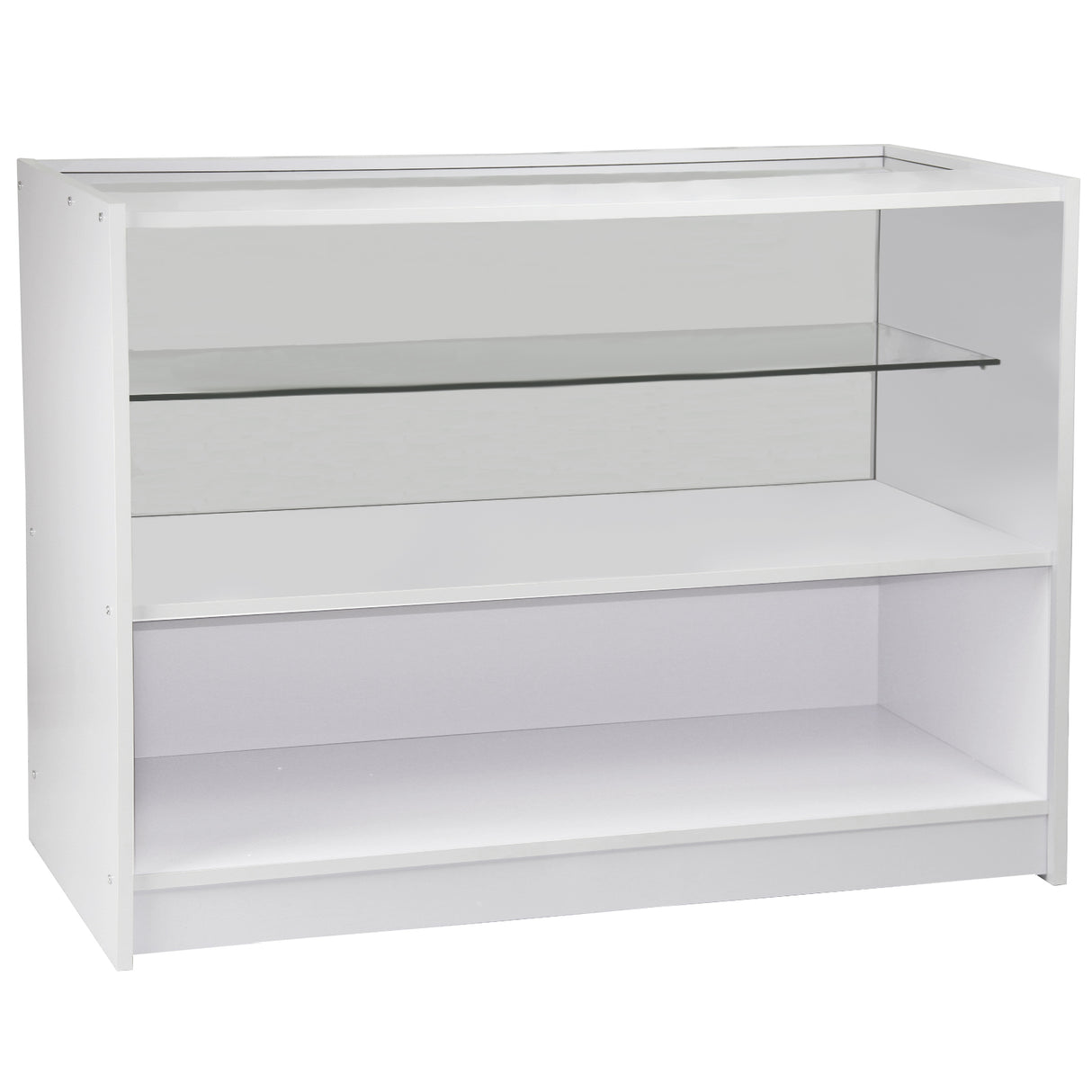 Estante branca brilhante com prateleira de vidro, design moderno e minimalista, ideal para exibir produtos com elegância