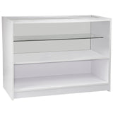 Estante branca brilhante com prateleira de vidro, design moderno e minimalista, ideal para exibir produtos com elegância
