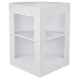 Móvel de canto branco brilhante com duas prateleiras, acabamento liso e bordas arredondadas, ideal para organização de espaços pequenos