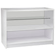 Display comercial C1200 em branco brilhante, com prateleira de vidro, design moderno e acabamento liso, ideal para exibição de produtos