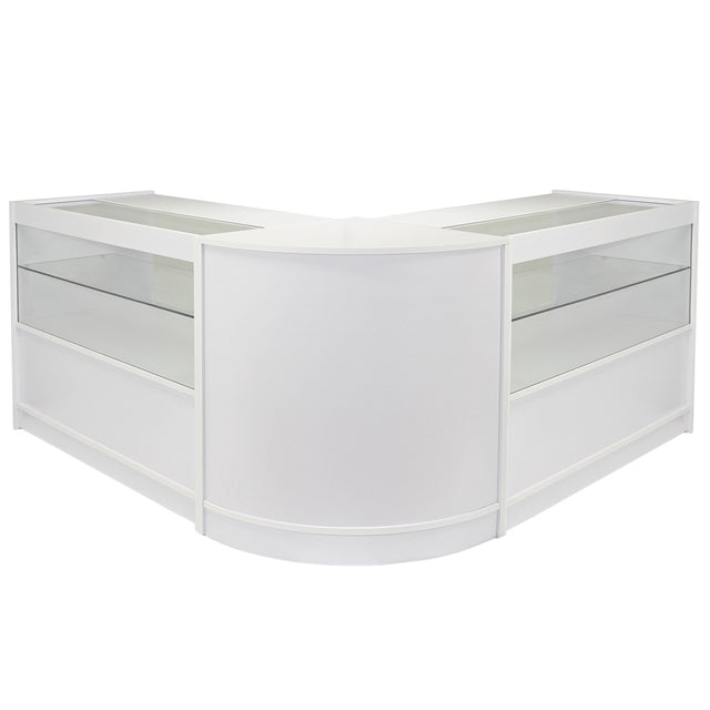 Balcão de vidro branco brilhante em formato de L, com prateleiras transparentes e acabamento liso, ideal para exibição de produtos