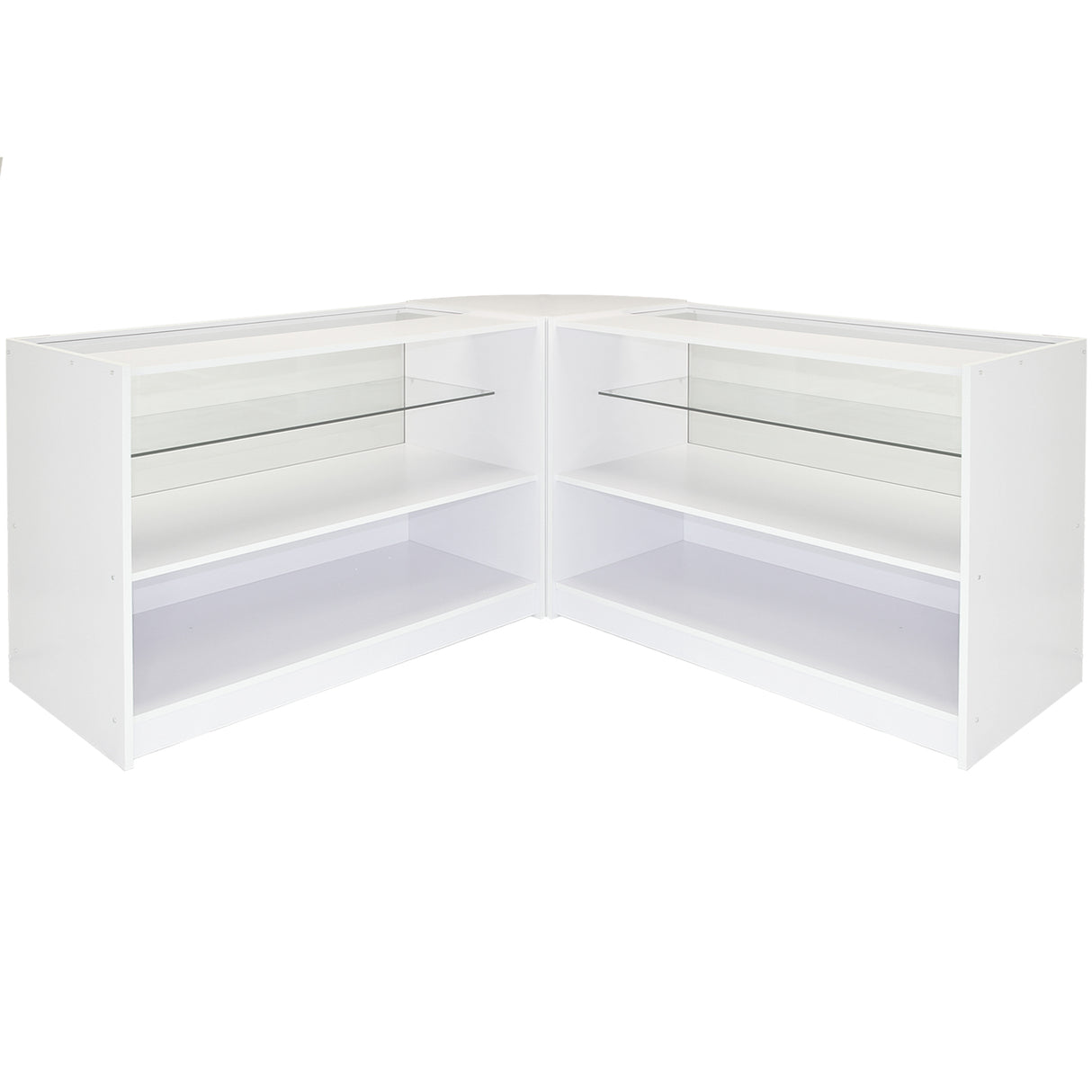 Balcão de vidro branco brilhante em formato de L, com prateleiras de vidro e espaço amplo para exibição de produtos