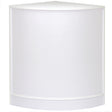 Expositor comercial de canto curvado em MDF branco, com acabamento liso e moderno, ideal para exibição de produtos em espaços pequenos