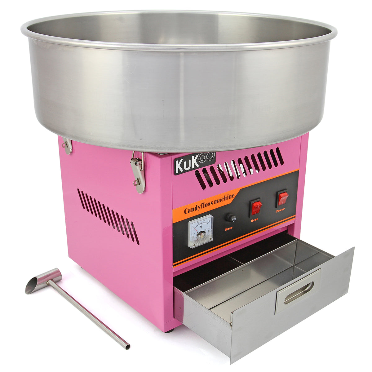 Máquina de fazer algodão doce KuKoo, com corpo rosa, tanque de aço inox e gaveta metálica para armazenamento, ideal para festas