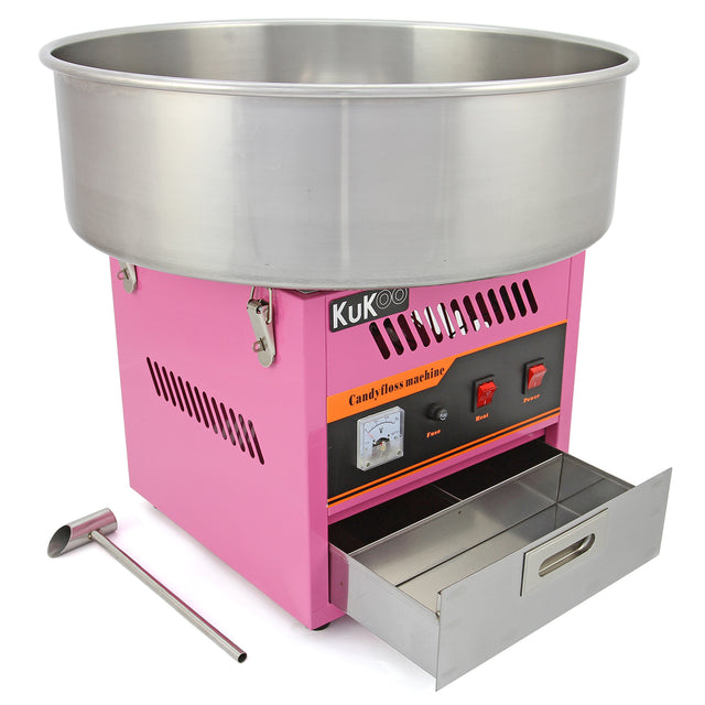 Máquina de fazer algodão doce KuKoo, com corpo rosa, tanque de aço inox e gaveta metálica para armazenamento, ideal para festas