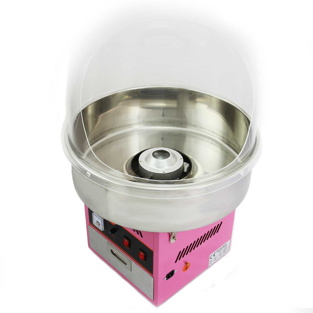 Máquina de algodão-doce em rosa com cúpula protetora transparente, corpo metálico prateado e detalhes em preto, ideal para festas