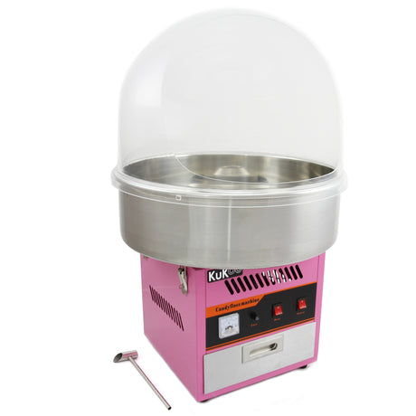 Máquina de algodão-doce KuKoo em rosa, com cúpula protetora transparente e base metálica prateada, ideal para festas e eventos
