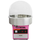 Máquina de algodão-doce KuKoo em rosa com cúpula protetora transparente e base de aço inox, ideal para festas e eventos