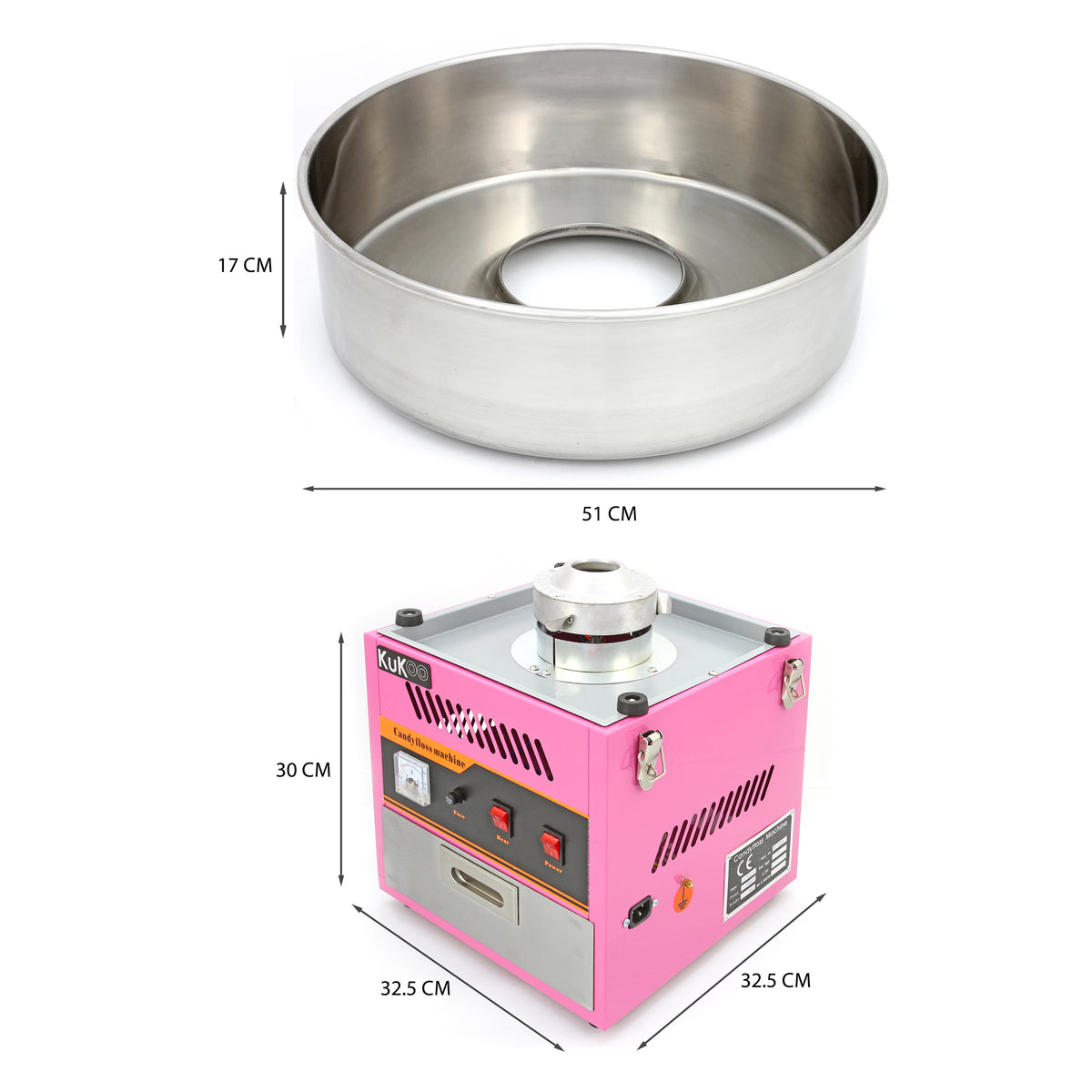 Máquina de algodão-doce em rosa com cúpula protetora, estrutura metálica, medindo 32,5 cm de largura e 30 cm de altura, com tigela de aço inoxidável de 51 cm de diâmetro