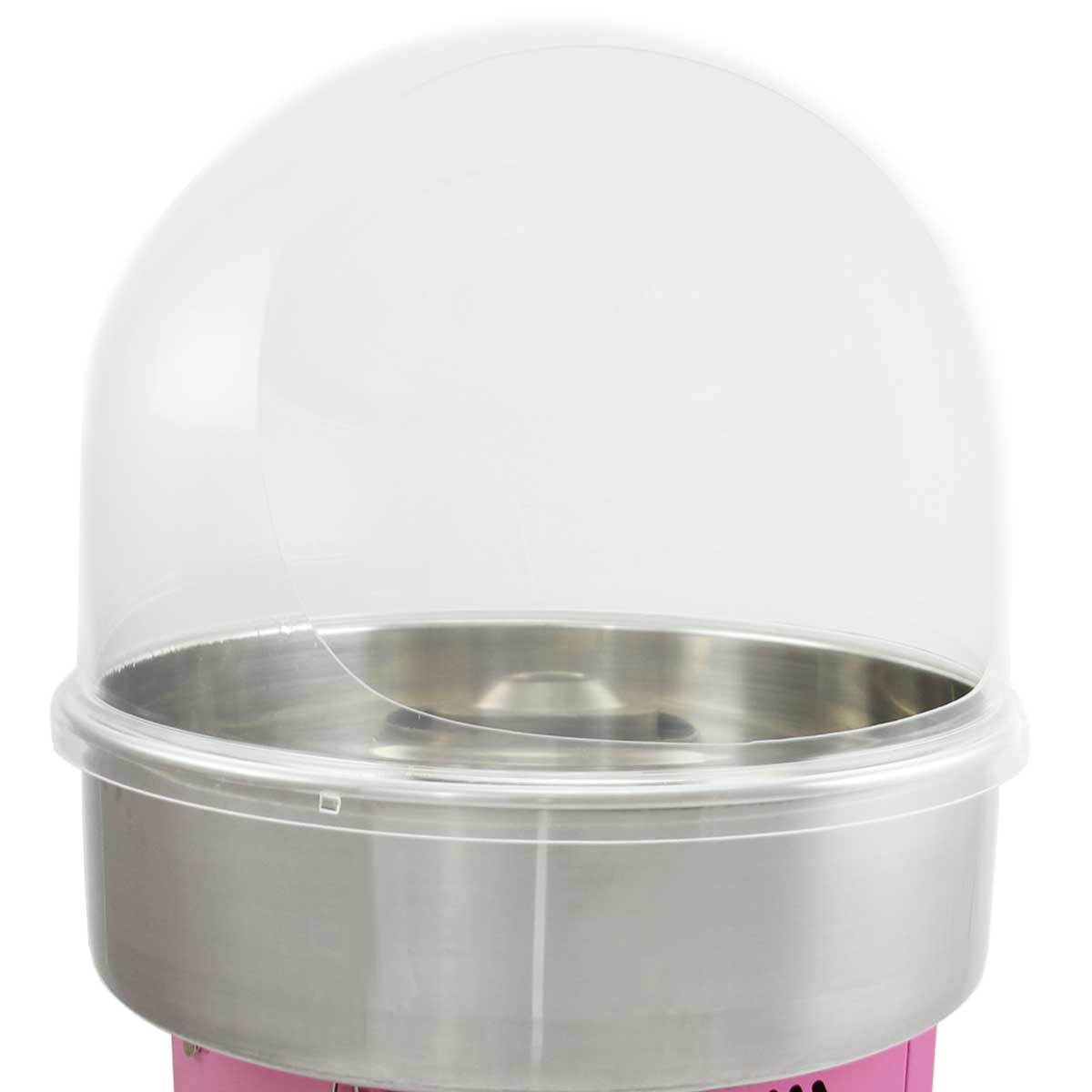Máquina de algodão-doce com cúpula protetora transparente e base de aço inoxidável, ideal para festas e eventos