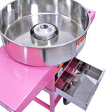 Máquina de algodão doce em aço inoxidável com tigela grande, base rosa vibrante e gaveta metálica para armazenamento de utensílios